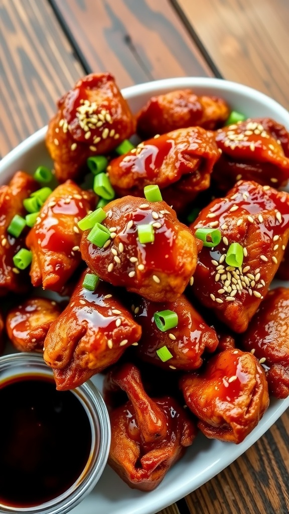A vibrant platter of Korean fried chicken coated in sauce, garnished with sesame seeds and onions, on a wooden table.
